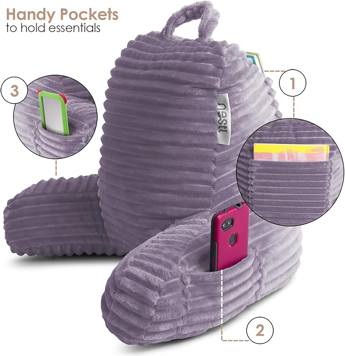 Nestl Dusty Purple Reading Pillow with Bed Desk for Laptop and Writing, Luxe Cut Plush Back Pillow for Sitting Up, Back and Arms Adjustable Support for Kids and Teens, Foldable Lap Desk for Bed 19x11”