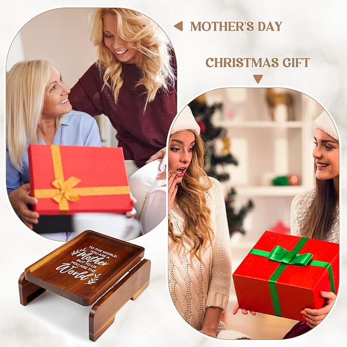 Kathfly Birthday Gifts for Mom, Mothers Day Gift 13.75" x 9.5" Couch Arm Table, to The World You Are a Mother But to Us You Are The World, Wooden Sofa Arm Tray, Mothers Day Gifts from Son Daughter