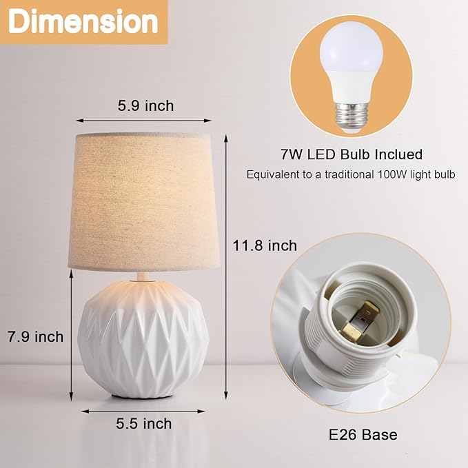 White Ceramic Table Lamp, Geometric Textured Small Bedside Lamp with Linen Shade, Mid Century Modern Nightstand Lamp for Bedroom Living Room Reading Room, H 12" x W 6.7", 7W LED Bulb Included