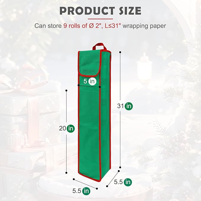 2 Psc Gift Wrapping Paper Organizer Storage Bag Containers with Pocket and Handles, 29" x 5.5" x 5.5", Green
