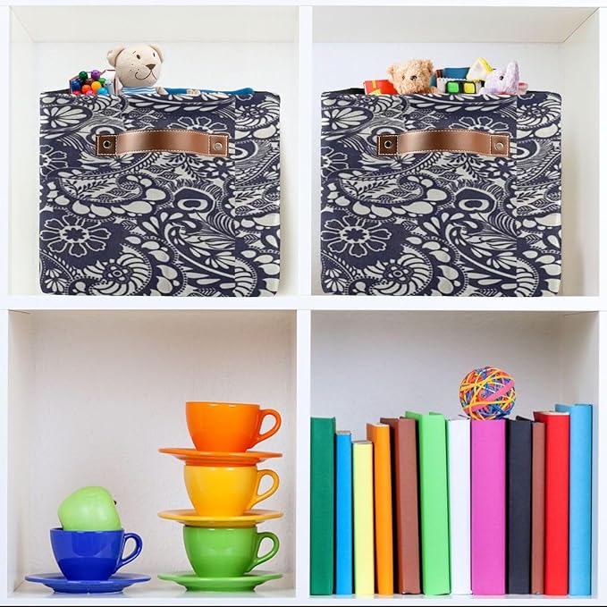 Decorative Storage Basket, Canvas Collapsible Box with Leather Handles, Navy Floral Pattern, 14.2x10.2x8.3 Inches, Rectangular Container for Bedroom Storage