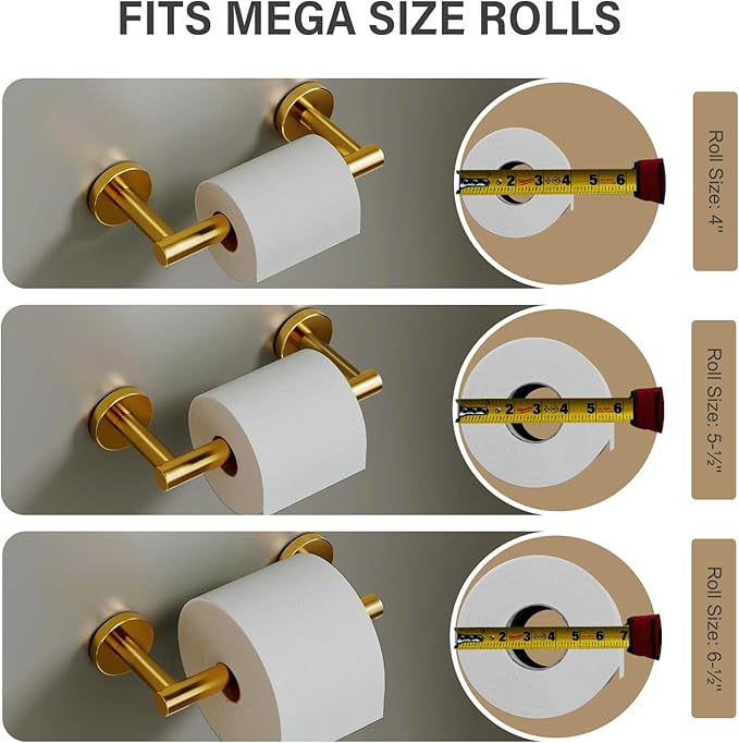 POKIM Brushed Gold Toilet Paper Holder, Stainless Steel Double Post Pivoting Wall Mount Holder, Fits Mega Large/Jumbo Rolls, Commercial Bathroom Tissue Dispenser for Home & Commercial Use