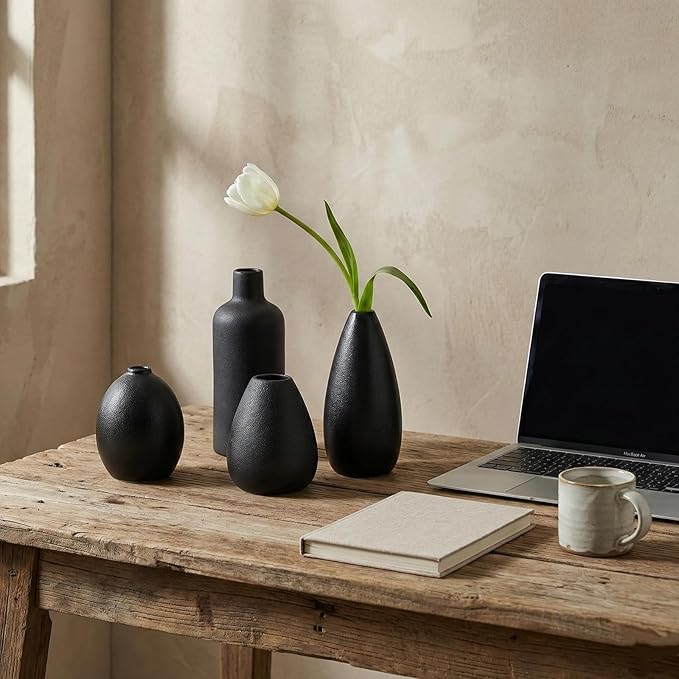 Neutral Black Ceramic Decorative Vase Set, Modern Matte Minimalist Vases for Shelf, Coffee Table, Living Room & Fireplace Mantel Decor (4, Black)
