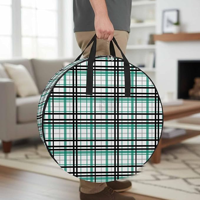 Storage Bag Green Buffalo Plaid Round Storage Totes Bins Closet Organizers with Zippers & Handle Black Check Stripe Clothes Storage Container for Bedroom Dorm Space Saving Packing Supplies Moving Bags