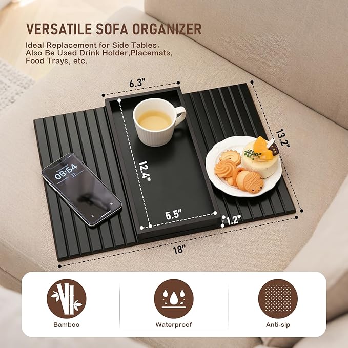 Bamboo Sofa Arm Tray Table, Foldable Couch Arm Tray Side Table, Anti-Falling Armrest Tables Cup Holder for Snacks, Couch Armrest Organizer, Serving Tray for Snacks and Drinks (Black)