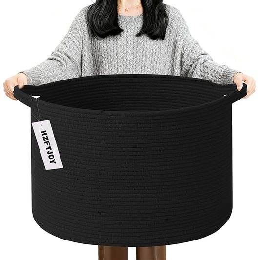 90L Large Blanket Basket,21.7"L x 21.7"W x 13.8"H Rope Woven Baskets with Handles, Toys Storage Bins,Laundry Basket Perfect for Living Room, Nursery,Bedroom,Home Organization,Black