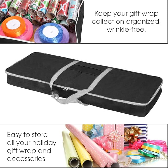 Primode Christmas Gift Wrap Organizer | Wrapping Paper Storage Container Box (37” x 14” x 4”) Constructed of Durable 600D Oxford Material (Black)