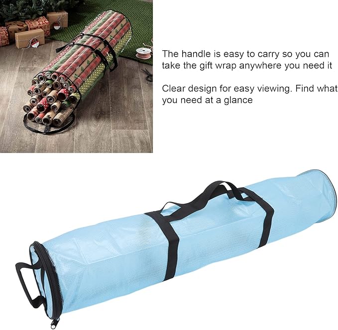 Clear Wrapping Paper Storage Bag, Gift Wrap Organizer with, Transparent Bag for Rolls, Space Saving Design with Handle for Closet or Under Bed Storage (Transparent Blue)