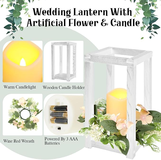Hushee 60 Pcs Wooden Wedding Lantern Centerpiece Integrated Holders with Candles and Wreaths Rustic Wooden Candle Lantern Decor for Wedding Party Table Valentine Decor (White)