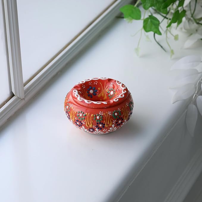 Decorative Ceramic Jar-Colorful Decorative Jar with Lid-Handmade Small Decorative Jar-Windproof Unique Jars-Turkish Home Decor (Orange)
