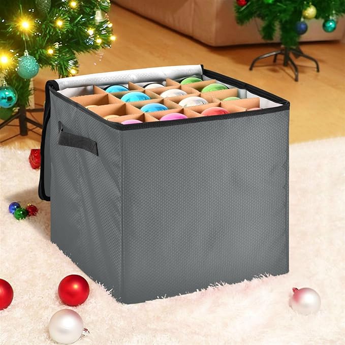 Gray Christmas Ornament Storage Basket Box Holiday Storage Container Cube with Adjustable Dividers for 64 Holiday Ornaments or Decorations Keeps Clean and Dry for Next Season