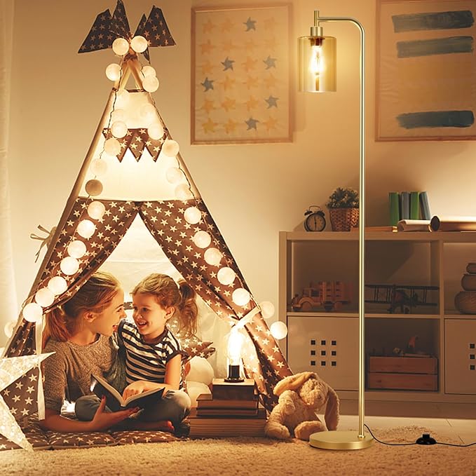 Ziisee Floor Lamps for Living Room - Gold Standing Lamp with Amber Glass Shade, Modern Floor Lamp with LED Bulbs, Bright Industrial Floor Lamp for Bedroom, Farmhouse Tall Lamp for Office