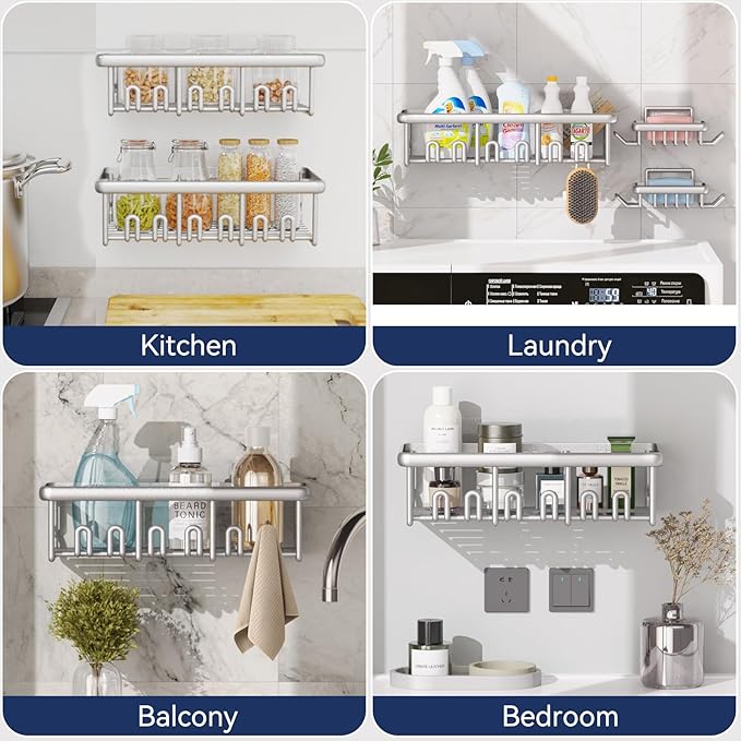 8 Pack Adhesive Rustproof Shower Shelves with Soap Dishes, Toothbrush Holder & Hooks, Large Capacity No-Drilling Shower Shelves Rack for Bathroom Organizers and Storage Accessories, Silver