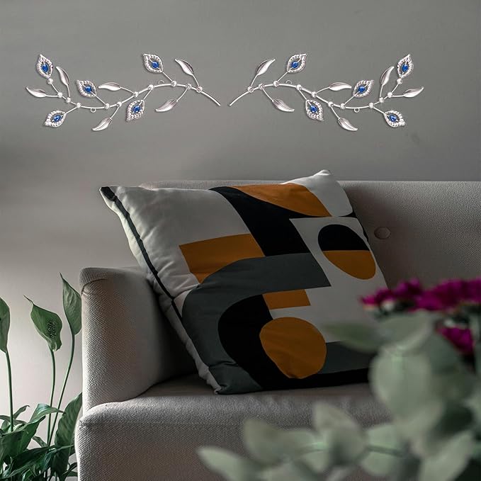 sxnzequnze 2 Pcs Metal Leaf Wall Art Crystal Bling Decorations Silver Leaves 3D Iron Handmade Home Decor Hanging Minimalist Accents Modern Set for Living Room Bathroom Bedroom Dining Room Hallway
