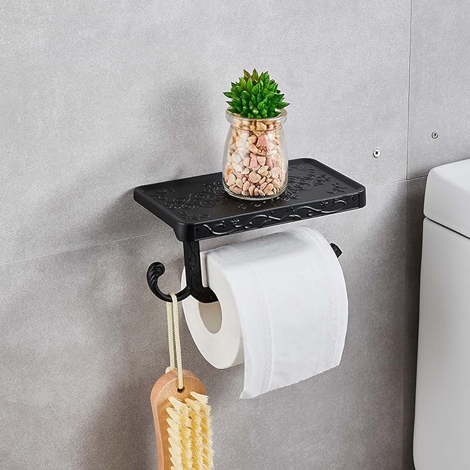 Vintage Carved Floral Toilet Paper Holder with Shelf - Crisp White Aluminum Bathroom Organizer, Wall Mounted Decorative Roll Holder for Bathroom/Vanity (7.24" Phone Shelf, Rust-Proof Finish)