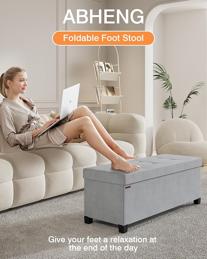 ABHENG Foldable Storage Ottoman Bench, Velvet Footrest and Seat Cube with Feet, Storage Chest, for Living Room, Bedroom and Office, 15 x 43 x 15.7 Inches, Dove Gray, ASND24G