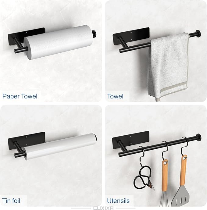 CUXIXA Paper Towel Holder Under Cabinet 2 Pack, Under Counter Paper Towel Holder Wall Mount with Self Adhesive and Screws for Kitchen, Bathroom, RV(Stainless Steel, Black)