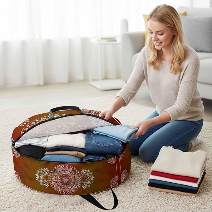 Storage Bag Orange Boho Round Storage Totes Bins Closet Organizers with Zippers & Handle Gorgeous Bohemian Flower Clothes Storage Container for Bedroom Dorm Space Saving Packing Supplies Moving Bags