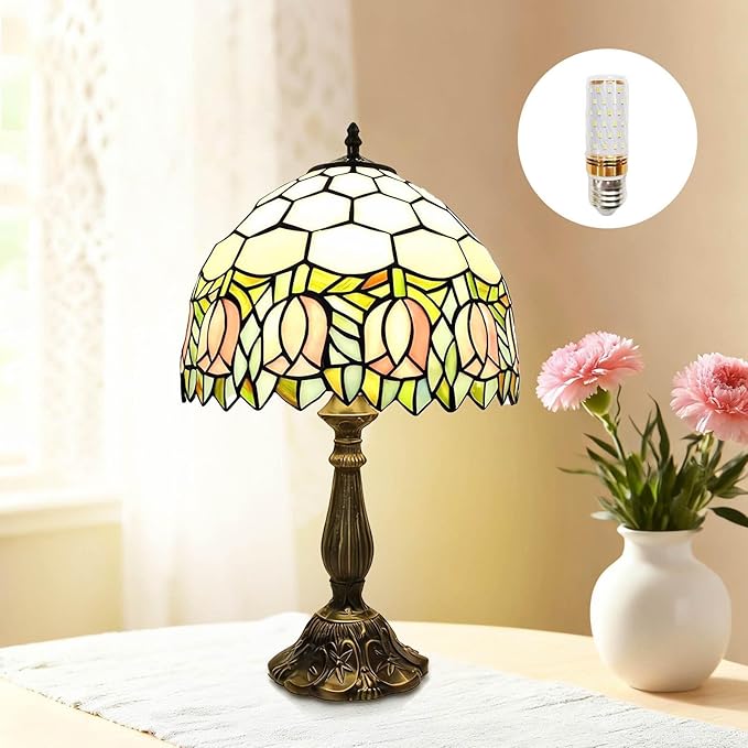 Tiffany Lamp Stained Glass Lamp Pink Tulip Bedroom Table lamp Reading Desk Light for Bedside Living Room Office Dormitory Dining Room Decorate Housewarming Gift 12X12X18 Include Light Bulb