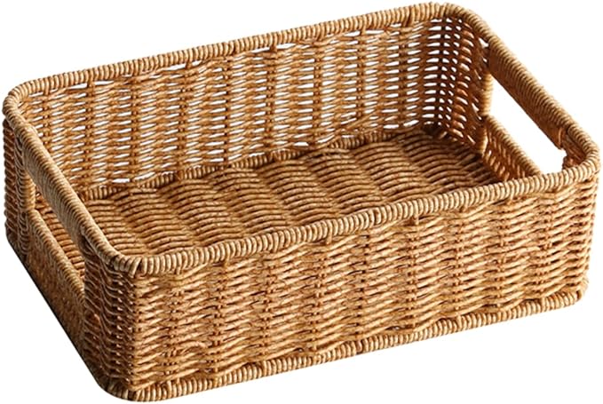 Rattan Storage Basket Wicker Tray Cutlery Basket Small Round Basket Coffee Condiment Holder Hanging Baskets for Storage Large Utensil Drawer Organizer Hamper Sundries Container Pp