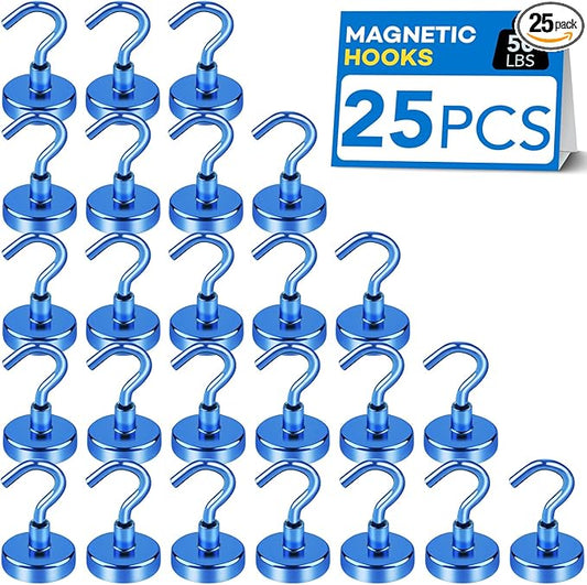 LOVIMAG Magnetic Hooks for Cruise Cabins, 50lbs Blue Magnetic Hooks for Classroom, Strong Magnets with Hooks for Hanging, Neodymium Magnet Hooks for Fridge, Ceiling, Locker, Camper, Travel-25 Pcs