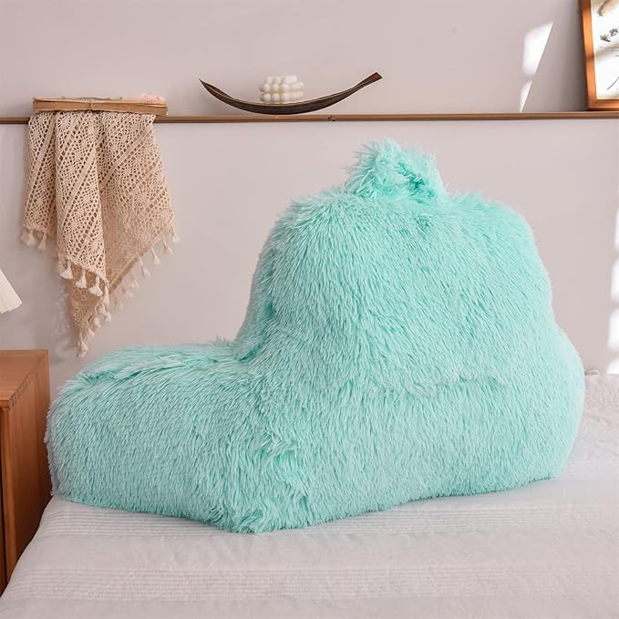 A Nice Night Faux Fur Reading Pillow Bed Wedge Large Adult Children Backrest with Arms Back Support for Sitting Up in Bed/Couch for Bedrest,Aqua