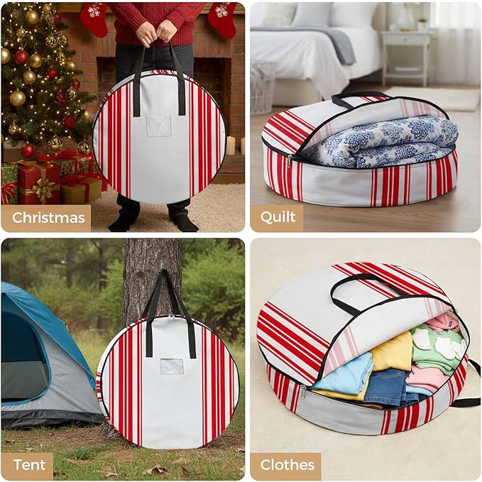 Storage Bag Red Stripes Round Storage Totes Bins Closet Organizers with Zippers & Handle Simple Style Clothes Storage Container for Bedroom Dorm Space Saving Packing Supplies Moving Bags
