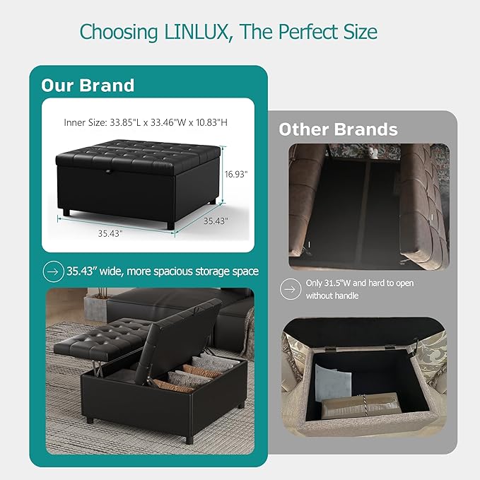 LINLUX 35.5 Inch Large Leather Storage Ottoman, Extra Large Square Lift Top Ottoman Coffee Table with Storage, Tufted Leather Ottoman Footrest Toy Box for Living Room, Black