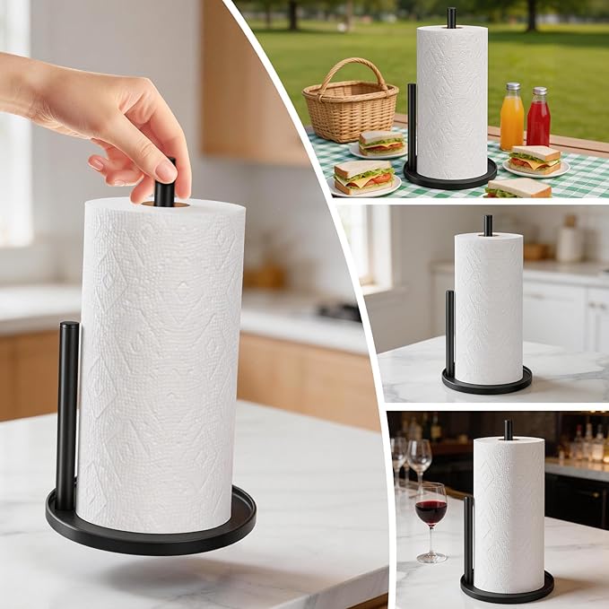 Black Paper Towel Holder Countertop, Paper Roll Holder Stand with Anti-Slip Weighted Base, Easy-Tear Papers Towel Rack Free Standing Tissue Dispenser for Bathroom Kitchen Organization RV Essentials