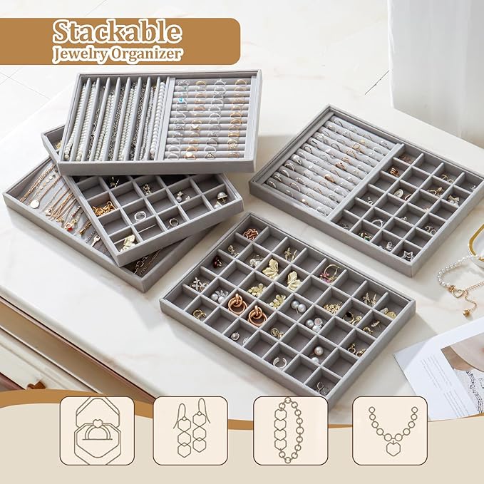 Large Velvet Jewelry Tray 2 Pack Stackable Jewelry Display Drawer Inserts Trays Organizer for Earring Bracelet Necklace Ring (Gray, 40 Grids)