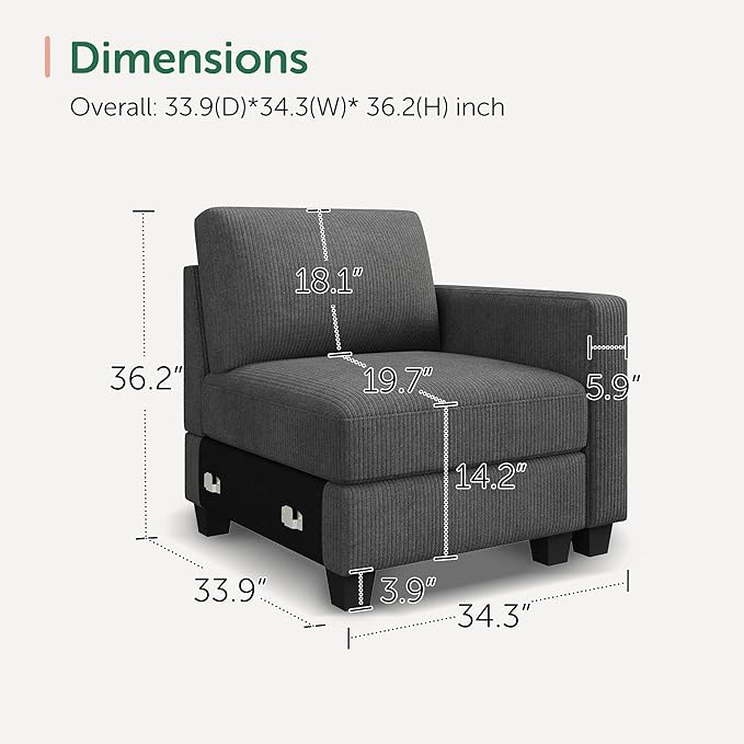 HONBAY Modular Sectional Sofa, Single Chair for Sectional Couch, Grey