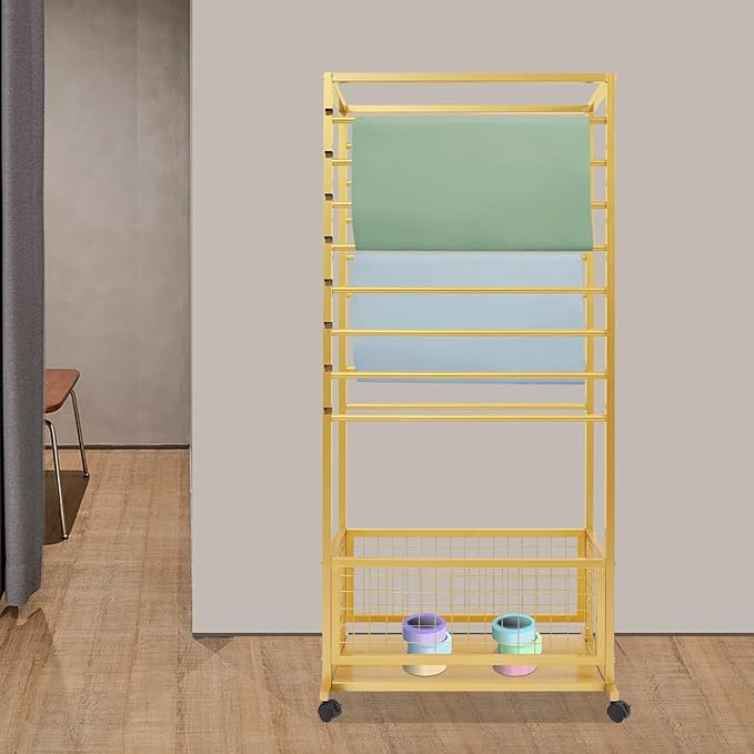 Mobile Ribbon Holder Double-Sided Ribbon Organizer Rack with 16 Hanging Rods Multifunctional Flower Wrapping Paper Storage Stand with Lockable Wheels Wrapping Paper Rack (26.38*12.99*59.06in, Gold)