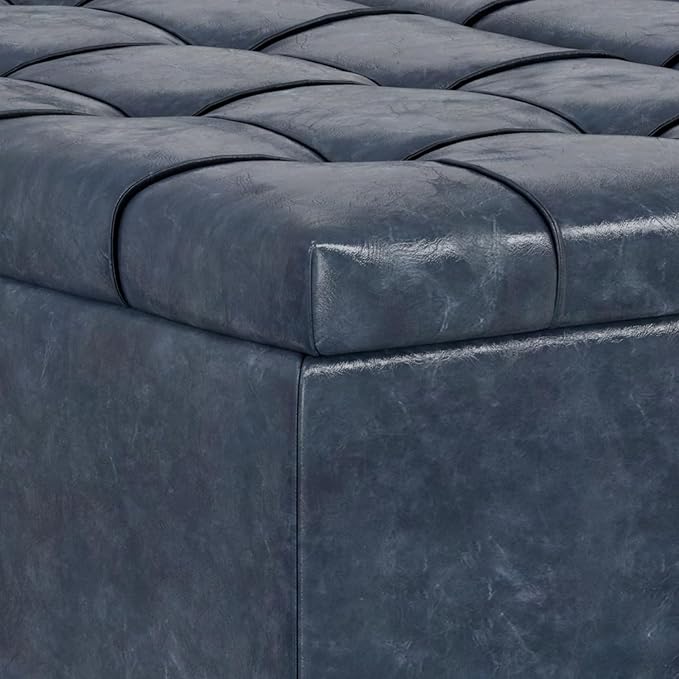SIMPLIHOME Harrison Large Coffee Table Storage Ottoman - 40 inch Wide Upholstered Vegan Leather Square Lift-Top Ottoman in Denim Blue, Transitional Bench for Living Room with Sturdy Base