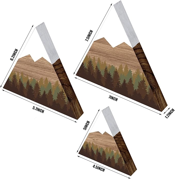 Maitys 3 Pcs 3 Size Mountain Shelf Decor Mountain Wooden Sign Farmhouse Wood Forest Sign Woodland Nursery Decor Travel Adventure Table Centerpiece for Home Farmhouse (Brownish)
