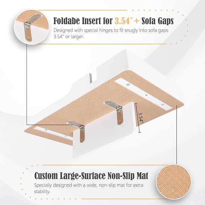 Nnewvante Sofa Tray Between Cushion, 2-in-1 Insert & Flat Sofa Organizer Bamboo with 2 Cup Holders,Fits Middle Couch or Ottomans,for Snacks, Drinks, Remotes,15.35x9.84-inch,White