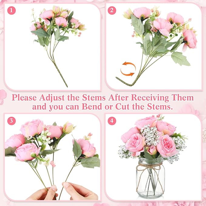 Zeyune Mason Jar Centerpiece Table Decorations, Artificial Peony Baby's Breath Flower Bouquets, Faux Flowers with Vase, Rustic Decor Gifts for Home, Wedding, Holiday(6 Sets,Coral Pink)