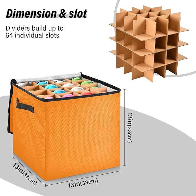 YETTASBIN Orange Solid Color Large Christmas Ornament Storage Box with Zipper & Adjustable Dividers, Storage Container with Lid & Handles for 64 Holiday Ornaments 3-Inch, 13 x 13 Inch
