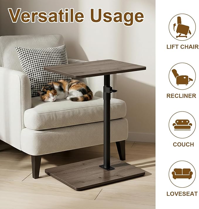 YUHFERA Sofa Armrest Tray Table for Couch - 360 Swivel Height Adjustable C Shaped End Table for Small Spaces, Snack Side Table for Bed or Chair with Phone & Tablet Slot (Gray, Enlarged)