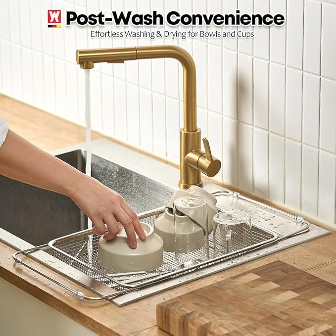 WAGENSTEIGER Extendable Dish Rack with Feet, Vegetable Colander Basket, Stainless Steel Dish or Silverware Drying Rack, Ultimate Kitchen Organizer Over the Sink (12.99 x 9.65 x 2.76 Inches)