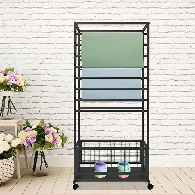 Mobile Ribbon Holder Double-Sided Ribbon Organizer Rack with 16 Hanging Rods Multifunctional Flower Wrapping Paper Storage Stand with Lockable Wheels Wrapping Paper Rack (26.38*12.99*59.06in, Black)