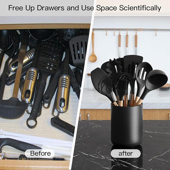 LATCHHOOK Matte Black Utensil Holder for Kitchen Counter, Ceramic Kitchen Utensils Holder for Countertop Easy to Clean, High 6.4” Modern Cooking Spatula Holder Crock for Home decor 4.5×6.4 In