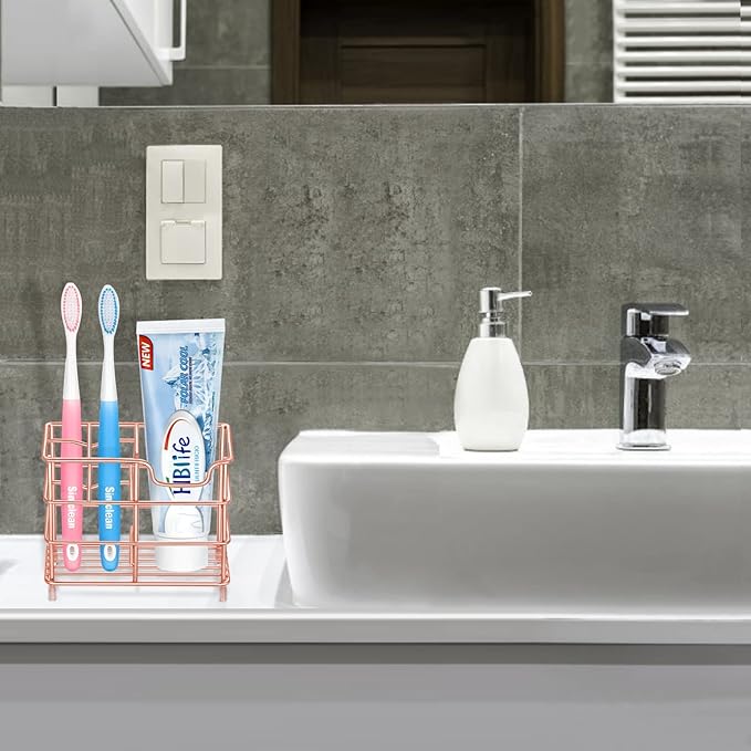 HBlife Small Toothbrush Holder for Bathroom, 5 Slots Rose Gold Stainless Steel Bathroom Accessories Organizer for Small Spaces
