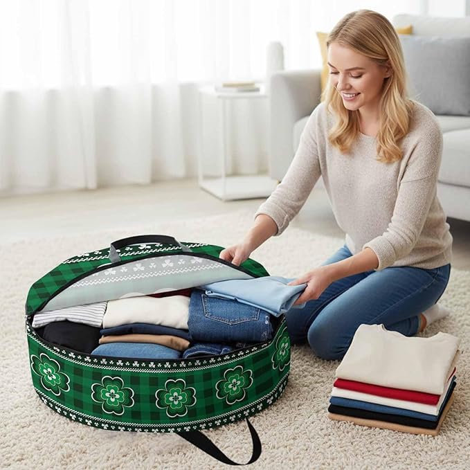 St Patricks Round Storage Bag 30 Inch, Day Vintage Shamrock Texture Green Plaid Clothes Storage Container with Handles Heavy Duty Organizer for Comforter, Bedding & Holiday Wreaths