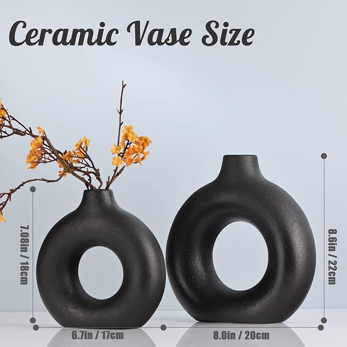 Matte Black Ceramics Vase for Home Decor,Minimalist Nordic Hollow Donut Vase Set of 2,Modern Boho Decor for Kitchen Table Centerpiece,Living Room,Fire Place,Bookshelf,Office,Entryway,Console