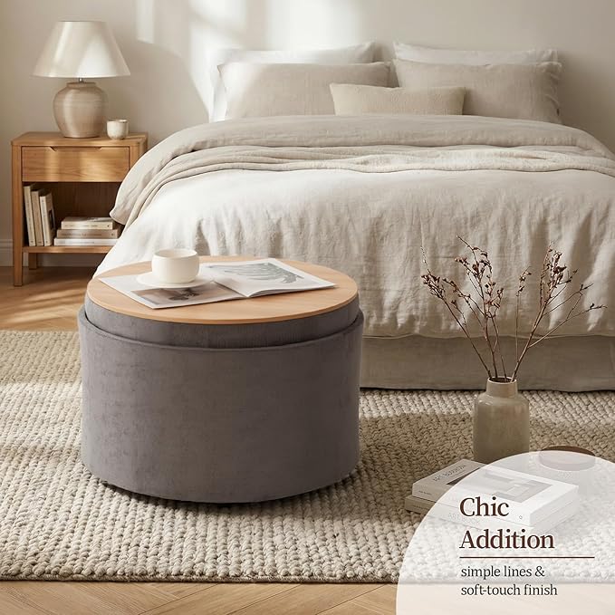 ONBRILL 25" Round Ottoman Coffee Table, Storage Ottoman with Lift-Off Lid, Multifunctional Foot Rest & Hidden Storage, Sturdy Steel Frame for Bedroom, Living Room, Corners, Apartment