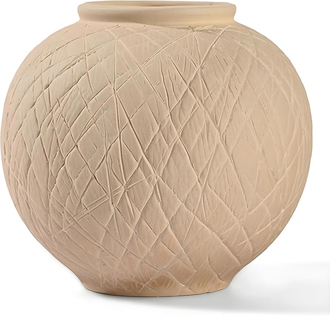Carved Rustic Farmhouse Vase Home Decor - 6 in Ceramic Boho Decorative Vase for Decor, Round Clay Beige Terracotta Bowl vase for Living Room, Table, Shelf, Centerpieces