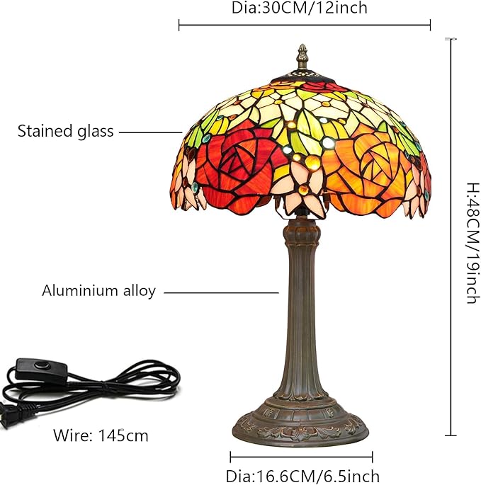 Tiffany Lamp Rose Flower Stained Glass Table Lamp 12X12X18 Inches Rose Style Desk Reading Light Decor Bedside Bedroom Living Room Home Festival Birthday Valentine's Day Christmas Gift