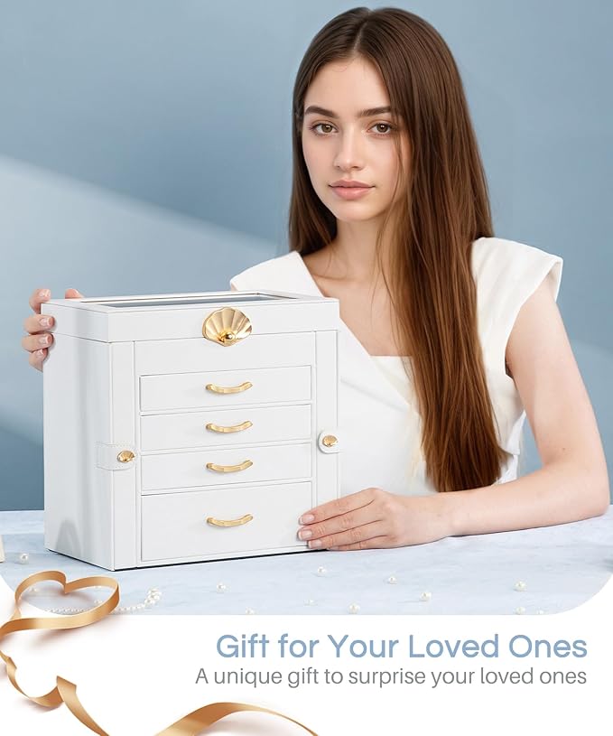 Enthralite Jewelry Box with 4 Drawers: Display Organizer for Earrings Necklaces - Gifts for Girls Women (White)