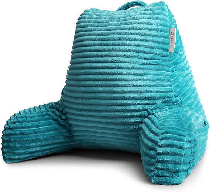 Clara Clark Reading Pillow for Bed Adult – Back Pillow for Sitting in Bed, Standard Plush Bed Pillows for Sitting Up in Bed, Shredded Foam Bed Chair Pillow with Arms and Pockets, Teal Bed Rest Pillow