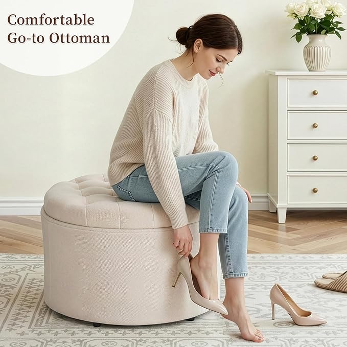ONBRILL 25" Round Ottoman Coffee Table, Storage Ottoman with Lift-Off Lid, Multifunctional Foot Rest & Hidden Storage, Sturdy Steel Frame for Bedroom, Living Room, Corners, Apartment”